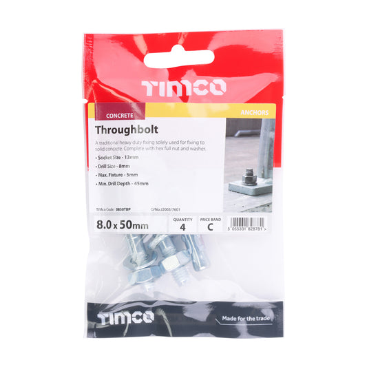 Timco Throughbolts M8 x 50mm Packet of 4